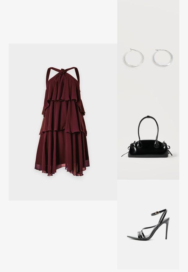 Robe bourgogne à volants, à couches, avec décolleté halter et bretelles nouées. Fabriquée en tissu léger, avec des accents transparents à l'ourlet.; Sandale noire à talon haut avec de fines brides sur les orteils et la cheville, avec une boucle dorée sur un talon aiguille élancé.; Petit sac à main noir brillant avec deux longues anses et des détails à cordon sur les côtés sur un fond clair uni.; Boucles d’oreilles créoles en métal argenté avec une surface lisse légèrement incurvée et des fermoirs à clapet sur un fond blanc uni.
