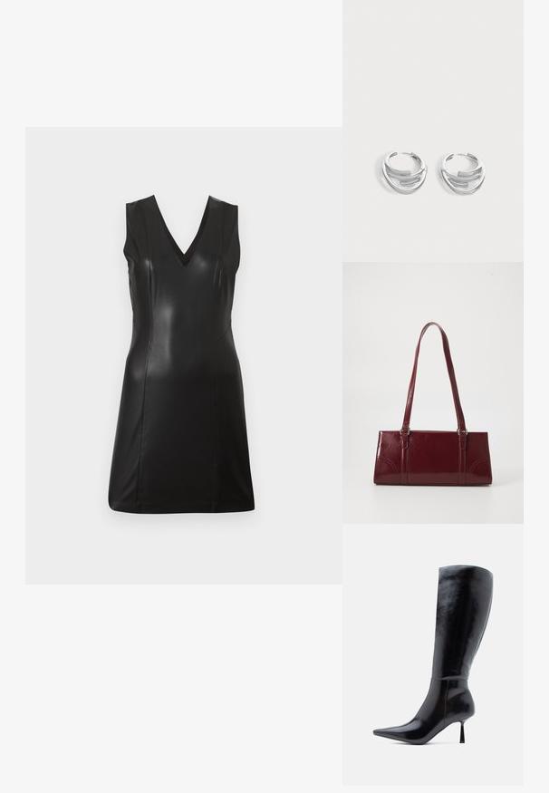 Robe noire sans manches en simili cuir avec décolleté en V et coutures ajustées, longueur genoux, sur un fond clair uni.; Bottes noires à talons aiguilles montantes, avec une finition en cuir brillant, un bout pointu et un talon effilé, présentant une surface lisse et un design élégant.; Sac à main bordeaux en matériau brillant, de forme rectangulaire, avec deux anses et des accents légèrement courbés à l'avant.; Paire de boucles d'oreilles anneaux en argent poli avec un design de barre incurvée superposée sur un fond clair uni.