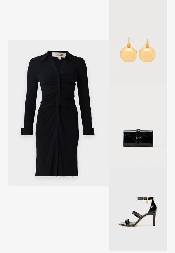 Vestido negro de manga larga con cuello de solapa, cuerpo fruncido y cierre de botones, hecho de una tela suave con mangas y puños estructurados.; Sandalia de charol negro con tres correas, hebilla en el tobillo y tacón de aguja de 10 cm. Presenta detalles de hardware en oro y un charm con el logo.; Cartera rectangular negra y brillante con una correa frontal y cierre de broche metálico plateado, colocada sobre un fondo blanco liso.; Par de pendientes de bola navideña dorados brillantes con cierre de gancho sobre un fondo blanco liso.