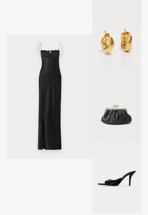 Sort satin maxi kjole med en tætsiddende silhuet, bølgende detaljer ved udskæringen og justerbare skulderstropper. Glat tekstur.; Sort læder åben tå højhælet mule med en slank stilet hæl, vist i sideprofil på en ensfarvet baggrund.; Sort læder clutch med samlet tekstur, sølvfarvet metalramme, kys-lås lukning og kædestrop. Glat, blød overflade.; Chunky guld hoop øreringe med et let snoet, rørformet design og postsystem bagpå, på en hvid baggrund.