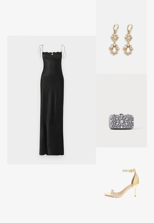 Robe maxi en satin noir avec une silhouette ajustée, des détails festonnés au niveau de l'encolure et des bretelles réglables. Texture lisse.; Sandale à talon aiguille dorée avec un talon fin et haut, une bride de cheville ornée de cristaux et une bride d'orteil, avec un design carré et ouvert à l'avant.; Petit sac pochette rectangulaire gris foncé orné de strass clairs disposés en motif rayonnant, avec une bandoulière chaîne argentée.; Boucles d'oreilles pendantes dorées présentant un design en grappe avec des cristaux clairs ronds et en forme de goutte, mettant en valeur des détails élaborés.