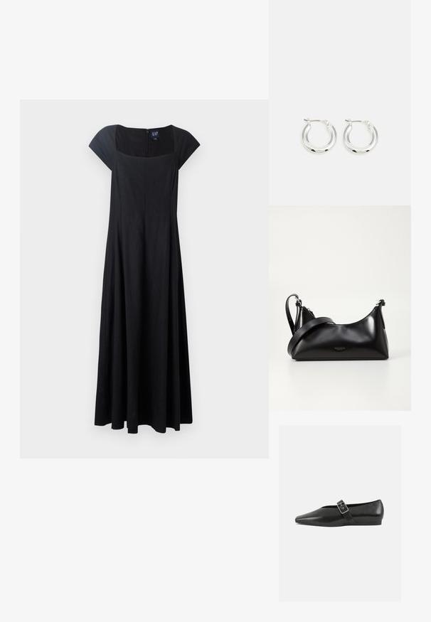 Robe noire sans manches avec un corsage ajusté, une jupe évasée et un décolleté carré. Le tissu semble lisse avec une fermeture éclair à l'arrière.; Chaussure plate en cuir noir avec un orteil pointu, présentant une sangle à boucle métallique sur le cou-de-pied et une semelle basse et flexible.; Sac à main en cuir noir avec une texture lisse. Dispose d'une bandoulière adjustable et d'un design élégant et minimaliste avec une fermeture éclair.; Boucles d'oreilles en argent avec une finition polie, présentant une forme circulaire et une fermeture à charnière. Texture lisse avec un minimum de détails.