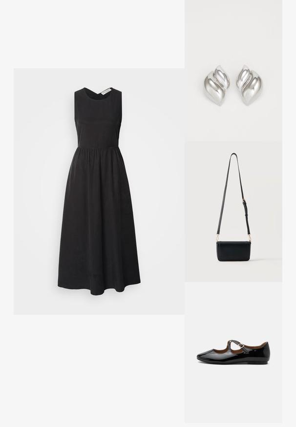 Vestido negro sin mangas con escote redondo, cuerpo ajustado y falda fluida. Hecho de tela suave, presenta una cintura fruncida.; Zapato plano Mary Jane de charol negro con dos recortes y una correa con hebilla dorada sobre fondo blanco.; Bolso bandolera de cuero negro con correa ajustable y cierres de tono dorado, de forma rectangular, sobre un fondo claro y liso.; Pendientes de plata con una forma orgánica y abstracta. Superficie lisa y brillante con un diseño cónico. Presentan suaves curvas y un detalle de línea central.
