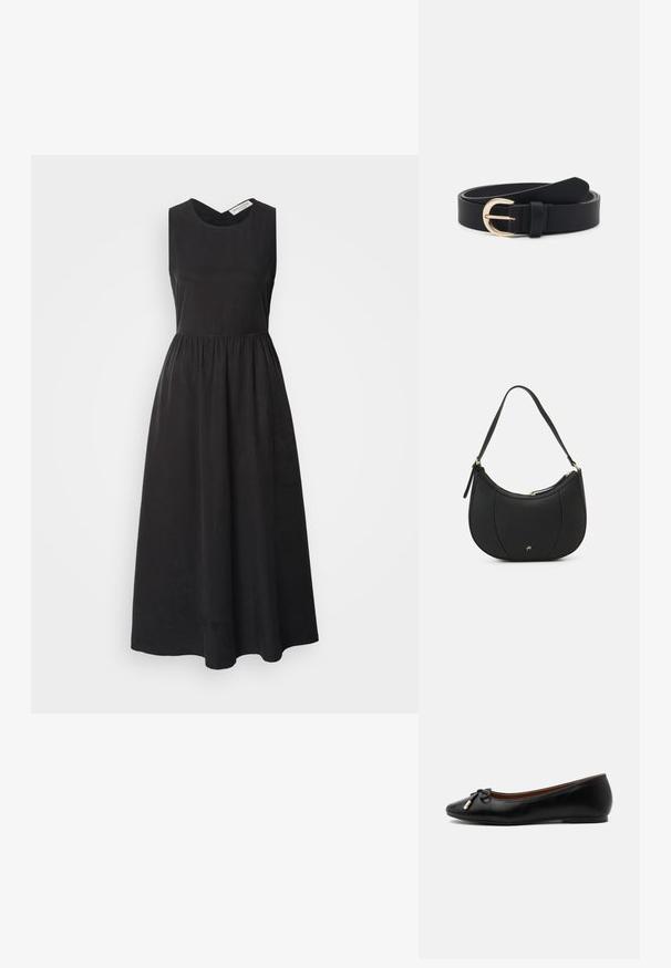 Vestido negro sin mangas con escote redondo, cuerpo ajustado y falda fluida. Hecho de tela suave, presenta una cintura fruncida.; Zapato bailarín plano de cuero negro con punta redondeada, pequeño lazo con extremos dorados y un tacón bajo y plano sobre fondo gris.; Bolso de mano de cuero negro con forma curva, superficie texturizada, costuras frontales y un logo en tono dorado. Cuenta con una sola correa ajustable.; Cinturón de cuero negro con una hebilla de metal dorado, textura plana y un solo lazo; presenta un acabado suave y un diseño minimalista.