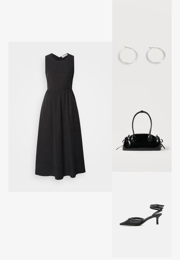 Schwarzes ärmelloses Kleid mit rundem Ausschnitt, tailliertem Oberteil und fließendem Rock. Aus glattem Stoff gefertigt, mit geraffter Taille.; Schwarzer spitzer Kitten-Heel mit Spitze, gewelltem Rand und umwickelndem Knöchelriemen mit Schnallenverschluss.; Kleine schwarze glänzende Handtasche mit zwei langen Griffen und seitlichen Kordelzug-Details vor einfachem hellem Hintergrund.; Silberne Metallcreolen mit glatter, leicht gebogener Oberfläche und Klappverschluss vor schlicht weißem Hintergrund.
