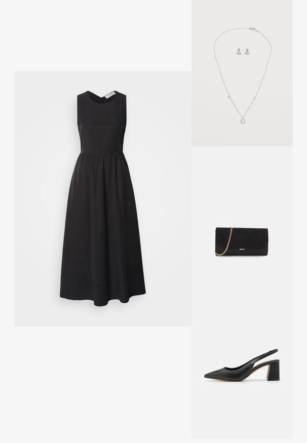 Zwarte mouwloze jurk met een ronde halslijn, een nauwsluitend lijfje en een vloeiende rok. Gemaakt van gladde stof, met een geplooide taille.; Zwarte leren slingback pump met een spitse neus, een uitgesneden ontwerp en een stevige blokhak. Glad textuur met een minimalistische esthetiek.; Zwarte clutch tas gemaakt van suede met een textuurafwerking, voorzien van een gouden schouderband en een strakke, hoekige vorm.; Zilverkleurige juwelenset met een delicate kettinghalsband en een druppelvormige hanger, vergezeld van bijpassende studoorbellen versierd met rhinestones.