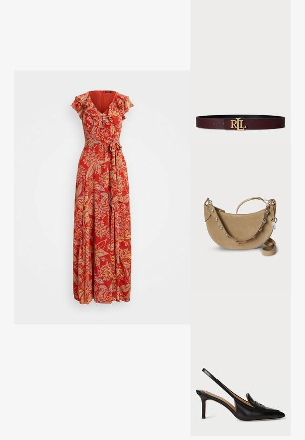 Rød blomster maxi kjole med V-hals, flæseærmer og belted talje. Lavet af letvægtsstof med et flydende design.; Sorte læder slingback-pumper med spids tå, lav hæl og dekorativ strop over vristen. Glat tekstur og minimalistisk design.; Tan ruskindstaske med en halvmåneform, sølvnitter langs remmen og en aftagelig skulderrem. Inkluderer en lille charm.; Burgunderlæderbælte med en pebble struktur og en guldtonet "RL" logo spænde. Har flere justeringshuller til størrelse.