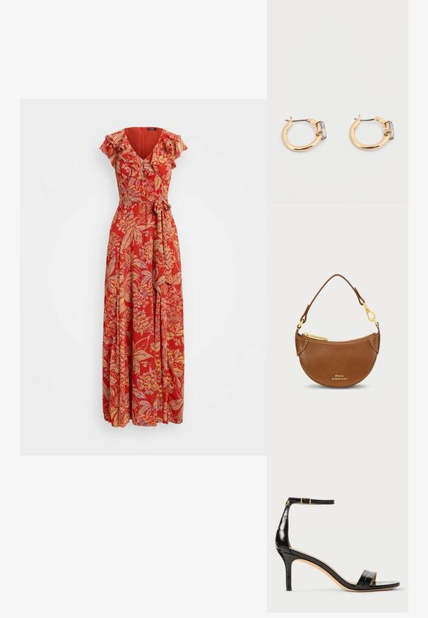 Rotes Blumen-Maxikleid mit V-Ausschnitt, Rüschensäumen und tailliertem Gürtel. Hergestellt aus leichtem Stoff mit fließendem Design.; Schwarze Lackleder-High-Heel-Sandale mit Knöchelriemen, spitzem Zehenbereich und strukturiertem Krokodilmuster. Goldene Hardware-Akzentuierung an der Schnalle.; Kleine goldene Creolen mit einem einzelnen rechteckigen, klaren Edelstein, der jeweils nahe dem Verschluss eingefasst ist.; Braune Ledertasche mit geschwungener Form und goldenen Beschlägen. Verfügt über einen Reißverschluss oben und ein geprägtes Logo auf der Vorderseite. Mit kurzem Handgriff.