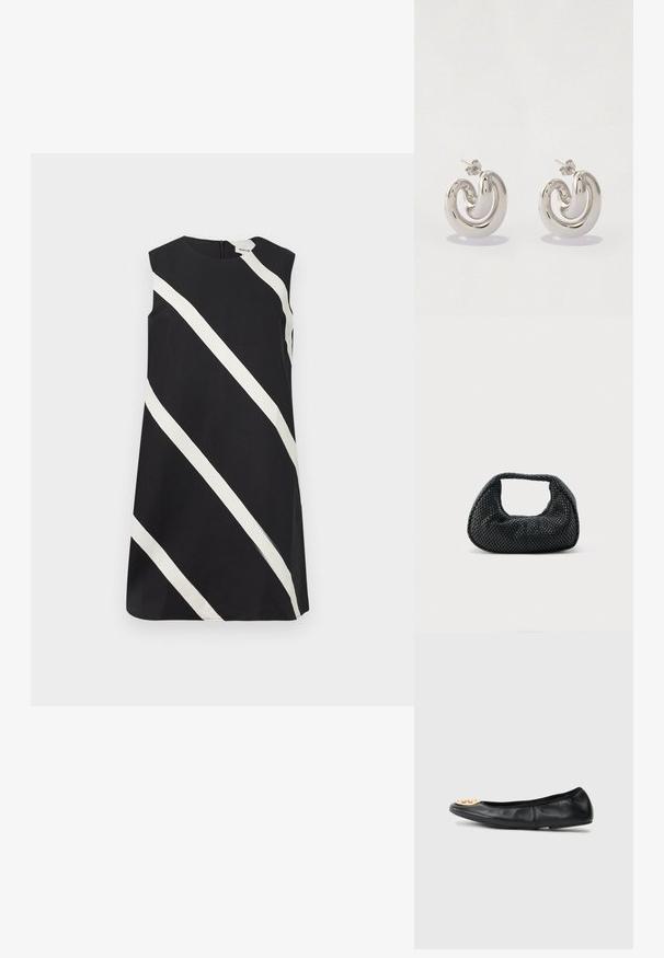 Robe noire sans manches avec de larges rayures blanches diagonales et un col rond.; Ballerine en cuir noir avec un bout arrondi, présentant un accent en métal doré sur le bout, une texture lisse et une semelle flexible.; Sac hobo tissé noir avec une structure souple et une poignée intégrée, présenté sur un fond clair uni.; Boucles d'oreilles en métal argenté avec un design tourbillonnant, présentant des surfaces lisses et une finition polie, maintenues par un fermoir en papillon.