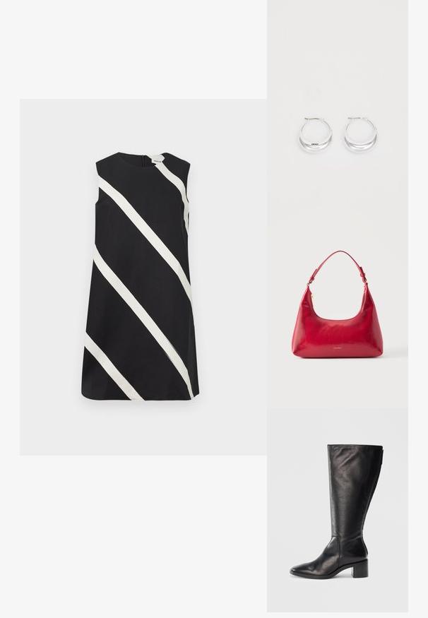 Robe noire sans manches avec de larges rayures blanches diagonales et un col rond.; Botte noire en cuir montante, avec un bout carré, un talon large et un design épuré. Texture lisse avec une fermeture éclair sur le côté pour un enfilage facile.; Sac à épaule en cuir rouge avec fermeture éclair dorée et sangle réglable, logo Calvin Klein centré à l'avant.; Boucles d'oreilles en argent avec une finition polie et un branding DKNY, présentées sur un fond blanc uni.