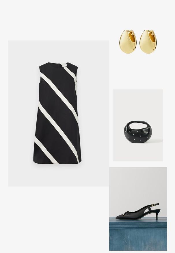 Musta ilmanhiha dressi, jossa on leveät valkoiset diagonaaliset raidat ja pyöreä pääntie.; Musta, teräväkärkinen slingback-kenkä, jossa on pieni rusetti ja kultainen solki, esillä yksinkertaisen betonilattian ja teksturoidun taustan edessä.; Musta nahkainen käsilaukku, jossa on pyöreä muoto, koristeltu hopeisilla niittikoristeilla ja lyhyt kahva. Sileä pinta ja vetoketjullinen suljenta.; Pari sileitä, kiillotettuja kultaisia pisaranmuotoisia rinkulakoruja saranakiinnityksellä, valkoisella taustalla.