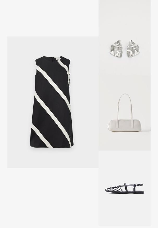 Robe noire sans manches avec de larges rayures blanches diagonales et un col rond.; Sandale plate noire avec plusieurs fines lanières, bride à boucle à la cheville et design cage à bout ouvert sur fond blanc.; Sac d'épaule rectangulaire blanc avec des bretelles longues et fines, couture minimale, et fermeture éclair sur un fond uni.; Boucles d'oreilles en métal argenté avec un design ondulé et sculptural, présentant une finition polie et des formes irrégulières, mettant en valeur une esthétique contemporaine.