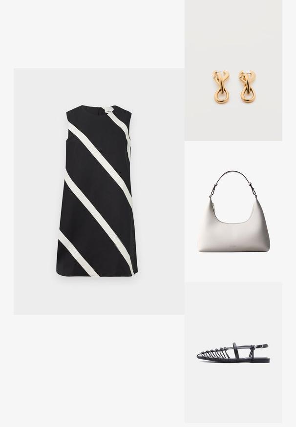 Robe noire sans manches avec de larges rayures blanches diagonales et un col rond.; Sandale plate noire avec plusieurs fines lanières, bride à boucle à la cheville et design cage à bout ouvert sur fond blanc.; Sac à bandoulière en cuir couleur crème de Calvin Klein avec bord supérieur incurvé, fermeture éclair argentée et sangle ajustable brun foncé.; Paire de boucles d'oreilles créoles en bouclettes dorées brillantes sur fond blanc uni, présentant un design torsadé entrelacé.