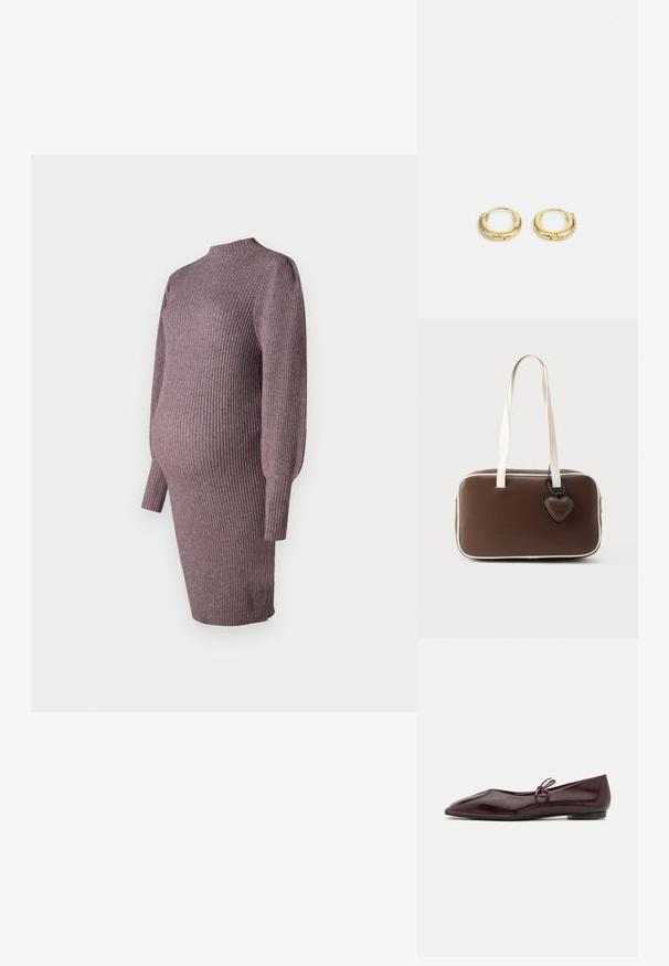 Robe de maternité en tricot dans une teinte rose poussiéreux, avec une texture côtelée, un col haut et des manches longues, conçue pour s'adapter à un ventre en croissance.; Ballerines en cuir verni bordeaux avec un bout pointu et un nœud décoratif violet sur le cou-de-pied ; design à semelle plate.; Sac à main en similicuir marron avec bordure blanche, forme rectangulaire, poignées courtes et étiquette décorative en forme de cœur attachée.; Boucles d'oreilles en or en forme de créoles, présentant une finition lisse et brillante, avec une rangée de cristaux transparents le long d'un bord. Design petit et circulaire.