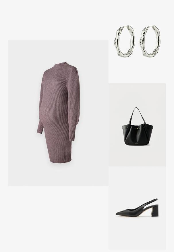 Robe de maternité en tricot dans une teinte rose poussiéreux, avec une texture côtelée, un col haut et des manches longues, conçue pour s'adapter à un ventre en croissance.; Escarpin slingback en cuir noir avec un bout pointu, un design découpé et un talon bloc épais. Texture lisse avec une esthétique minimaliste.; Sac cabas en cuir noir avec deux bretelles, un petit fermoir doré et le logo "Anna Field" sur fond blanc.; Boucles d'oreilles en argent en forme de créole, présentant un design texturé et organique avec une forme légèrement irrégulière, offrant une apparence naturelle et artisanale.