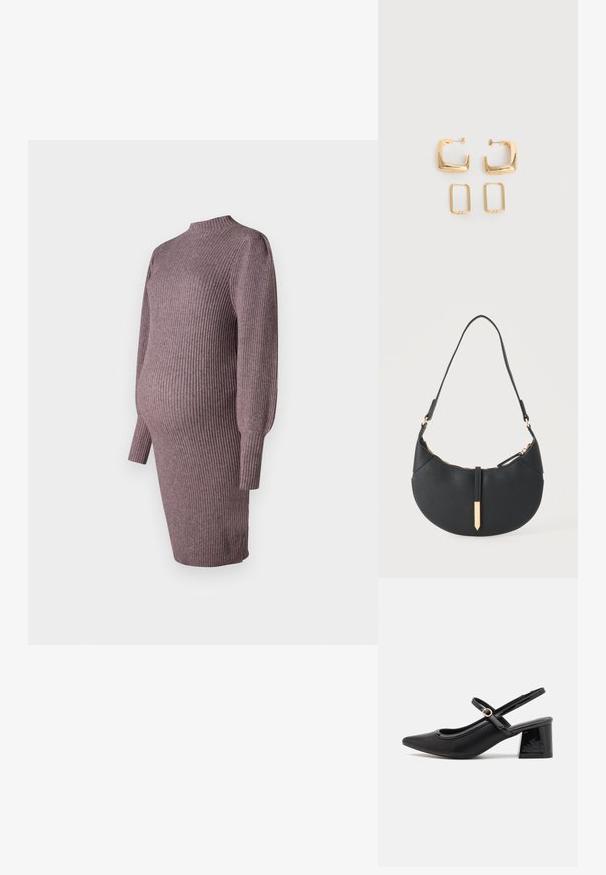 Neule äitiysmekko haalean ruusun värissä, jossa on ribbitoitu pinta, korkea kaula-aukko ja pitkät hihat, suunniteltu mukautumaan kasvavan vatsan ympärille.; Musta lakattu nahka slingback-korkokengät, joissa on terävä kärki, pyöreä aukko-muotoilu ja lohkokorko. Varustettu kultasävyisellä solkiyksityiskohdalla.; Musta puolikuun muotoinen käsilaukku, jossa on yksi olkahihna, kultainen vetoketju ja kullanvärinen suorakulmainen koristeellinen läppä edessä.; Kaksi paria kultaisen sävyisiä geometrisia rinkulanmuotoisia korvakoruja yksinkertaisella valkoisella pinnalla, toinen pari neliönmuotoisia ja massiivisia, toinen pari suorakaiteen muotoisia ja onttoja.