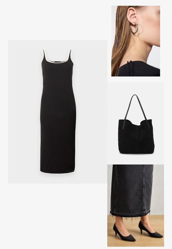 Robe midi noire sans manches avec bordure blanche le long du décolleté carré et fines bretelles, silhouette ajustée.; Escarpins en suede noirs avec un bout pointu et un talon de 3 pouces, associés à une longue jupe en denim foncé présentant des détails d'ourlet effilochés.; Sac fourre-tout en suède noir avec deux longues anses en cuir plates. Présente un bord supérieur incurvé et des coutures visibles sur le devant. Pas d'accents en métal.; Boucle d'oreille en argent avec une finition polie, présentant de petits détails en or et de forme ronde, portée sur le lobe.