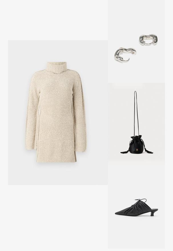 Beige fluffy tunika med høj hals og lange ærmer. Har en tekstureret overflade og sideslids for nem bevægelse.; Sorte læder slip-on mules med spids tå, samlet tekstur og en lille kitten heel. Har en snor-detalje ved åbningen.; Sort snørelukket bucket-taske med lang tynd rem og lille gyldent firkantet logo foran, vist mod en ensfarvet baggrund.; Sølvøreringe med et glat, bølget design; har en kraftig form og en poleret overflade, der fremhæver en moderne æstetik.