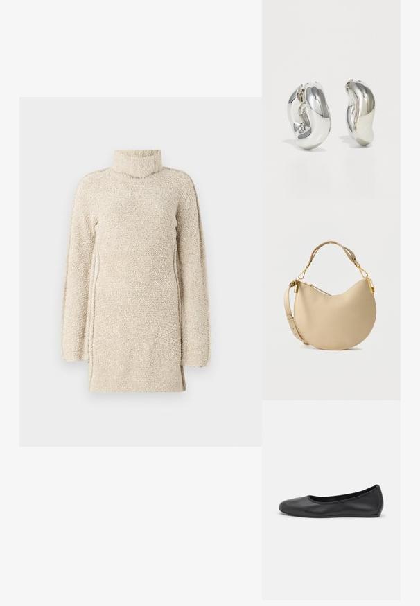 Beige fluffy tunika med høj hals og lange ærmer. Har en tekstureret overflade og sideslids for nem bevægelse.; Sort læderballetsko med rund tå, glat tekstur, minimal syning og et fleksibelt såldesign.; Beige skuldertaske i læder med et buet design, guldfarvede detaljer, justerbar rem og glat tekstur. Indeholder en lynlås øverst.; Sølvskulpturelle øreringe med glatte, buede former og reflekterende overflader. Har et lukket hoop-design og en markant organisk form.