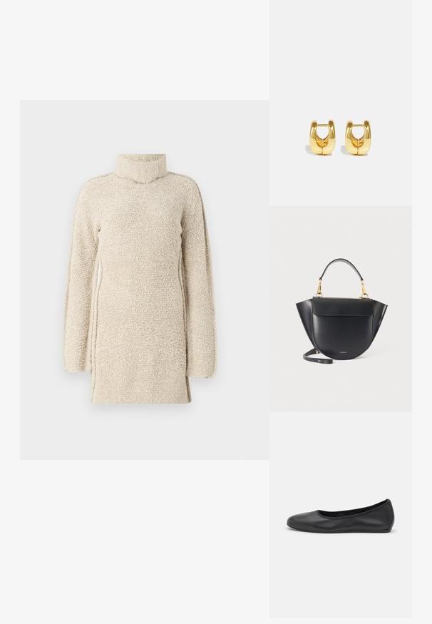 Beige fluffy tunika med høj hals og lange ærmer. Har en tekstureret overflade og sideslids for nem bevægelse.; Sort læderballetsko med rund tå, glat tekstur, minimal syning og et fleksibelt såldesign.; Sort læderhåndtaske med afrundet bund, vingede sider, guldfarvet hardware, kort håndtag og aftagelig lang rem på ensartet lys baggrund.; Guld hoops øreringe med et slankt, afrundet design. Har en hul midte og en blank overflade, der komplementerer moderne stilarter.