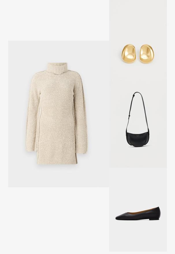 Beige fluffy tunika med høj hals og lange ærmer. Har en tekstureret overflade og sideslids for nem bevægelse.; Sort læder flad sko med spids tå, lav hæl og glat finish, vist fra siden på en lysegrå baggrund.; Sort læder crossbody-taske i halvmåneform med justerbar rem og lille guldlogo foran i midten.; Guldfarvede stud øreringe med en glat, rund form og en reflekterende overflade, der fremhæver et minimalistisk design uden synlige mønstre.