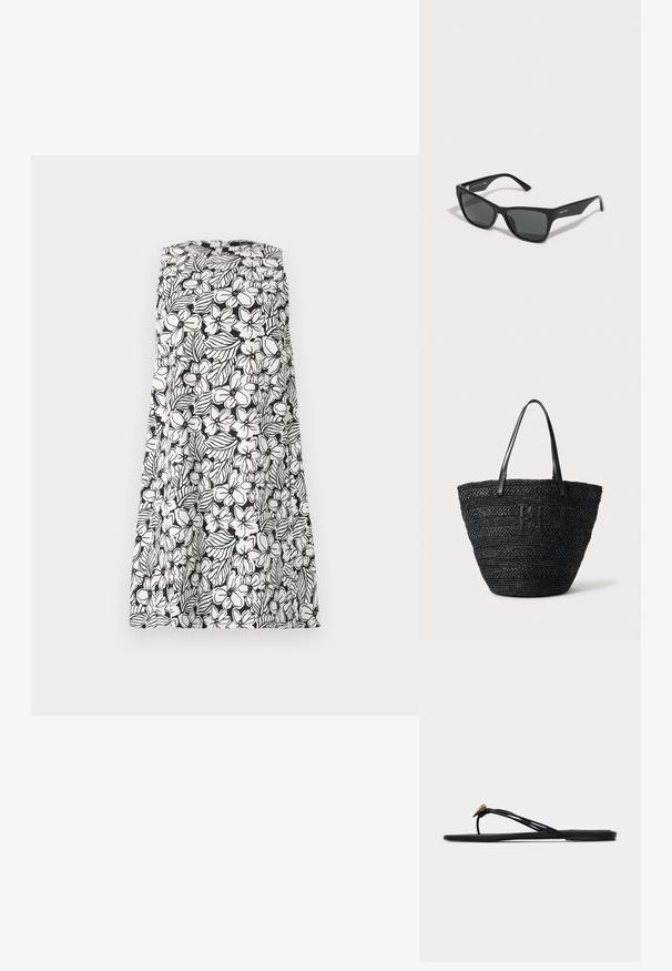 Robe noire et blanche sans manches avec un motif floral et feuillage, design sans bretelles et silhouette en ligne A.; Sandale plate noire en forme de tongs avec plusieurs fines lanières et une petite déco dorée en forme de larme sur la lanière avant.; Lunettes de soleil noires rectangulaires avec des verres foncés, monture en plastique élégante et design minimaliste. Présente un logo discret sur la branche.; Sac cabas tissé noir avec deux fines poignées en cuir et un logo tressé discret à l'avant, posé sur un fond clair.