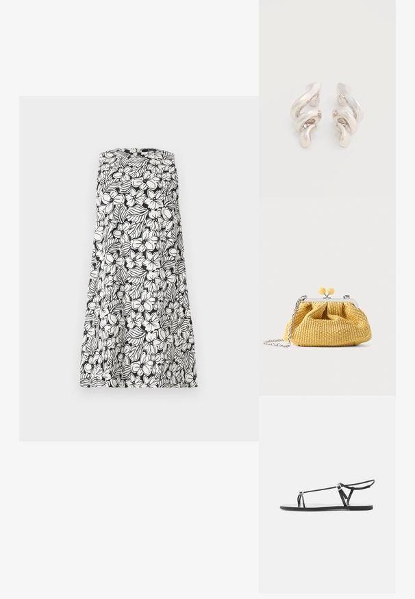 Robe noire et blanche sans manches avec un motif floral et feuillage, design sans bretelles et silhouette en ligne A.; Sandale plate noire avec fines lanières, une boucle pour les orteils et une boucle de cheville ajustable sur un fond gris clair.; Petit sac à main tissé jaune avec cadre argenté, deux fermoirs boules jaunes et une bandoulière chaîne argentée sur fond blanc.; Boucles d'oreilles clips en métal argenté torsadé avec une finition lisse et brillante, présentant un design moderne et abstrait en spirale.