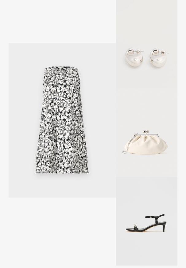 Robe noire et blanche sans manches avec un motif floral et feuillage, design sans bretelles et silhouette en ligne A.; Sandale noire en cuir à talon avec bride à la cheville, bout ouvert, devant carré et accent en métal argenté. Design ajusté avec un profil élégant.; Pochette en tissu crème avec un design froncé, cadre en métal argenté, deux boules décoratives, et une bandoulière chaîne argentée.; Paire de boucles d'oreilles argentées brillantes et épaisses avec fermoirs à tige, sur fond blanc uni.