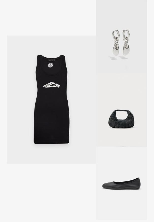 Robe débardeur noire en tissu jersey, avec un décolleté rond et une coupe qui met en valeur la silhouette, ornée d'un logo graphique imprimé en blanc.; Ballerines en cuir noir avec un bout rond, texture lisse, détails de couture minimalistes et design de semelle flexible.; Sac hobo tissé noir avec une structure souple et une poignée intégrée, présenté sur un fond clair uni.; Boucles d'oreilles en argent avec des maillons ovales allongés, présentant une finition polie et un pendentif tombant texturé. Design simple avec des bords lisses.