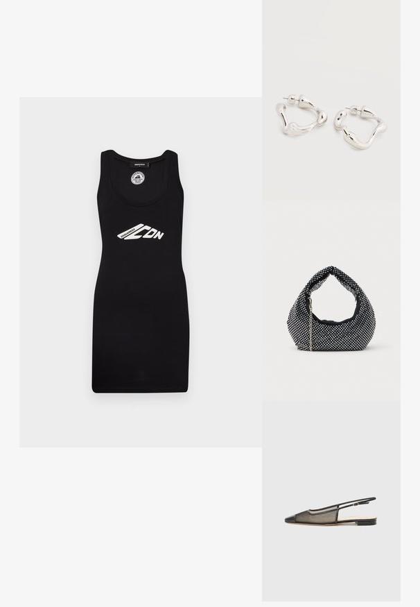 Sort tankkjole af jersey-stof med scoop-halsudskæring, der har en pasform, som fremhæver silhuetten, med et hvidt trykt logo.; Sort og guld slingback sko med spids tå, mesh-design og flad sål. Har en tynd ankelrem med en cirkulær spændeaccent.; Sort mesh håndtaske prydet med sølvnitter, udstyret med et buet håndtag og en kædetraspe. Blød tekstur med en rund form.; Øreringe i sølvfarvet tone med uregelmæssig form og bagerste lukning med stift, placeret på en ensfarvet hvid overflade.