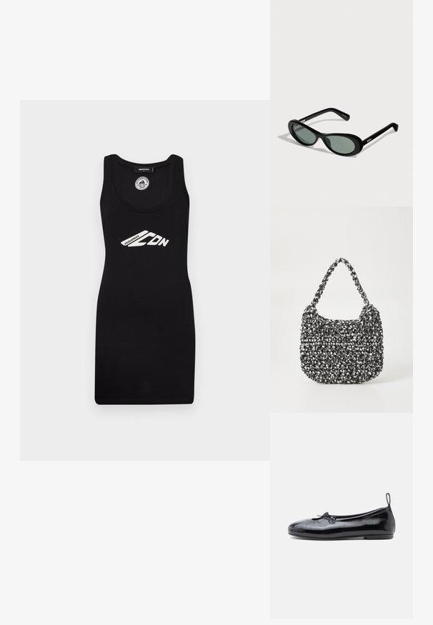 Sort tankkjole af jersey-stof med scoop-halsudskæring, der har en pasform, som fremhæver silhuetten, med et hvidt trykt logo.; Sorte patenterede læder ballet flats med rund tå, lille sløjfedetalje og glat tekstur; har en lav flad sål og en træksløjfe ved hælen.; Sorte ovale solbriller med tonede linser og tynde arme, vist mod en lys baggrund med mærkenavn på stængerne.; Vævet håndtaske i sort og hvid med en rund form, tekstureret overflade og et fletet håndtag. Velegnet til afslappet brug.