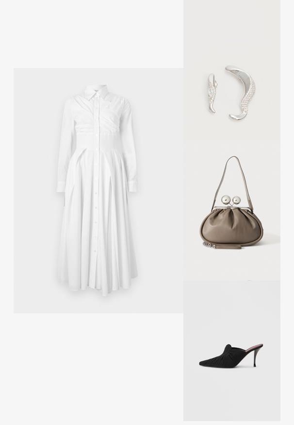 Vestido de camisa blanco de algodón con mangas largas, frente de botones, falda plisada y cintura ajustada. Presenta un diseño estructurado y una textura suave.; Mule negro de tacón alto con punta puntiaguda, tejido suave con textura fruncida en la parte delantera y tacón de aguja delgado.; Bolso de mano de cuero gris con forma redondeada, cierre superior con dos grandes esferas plateadas y una sola asa de correa.; Dos pendientes de plata curvados, uno más grande que el otro, ambos adornados con pequeños cristales brillantes a lo largo de un borde.