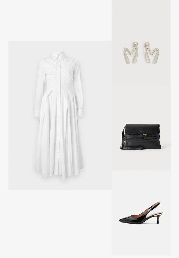 Vestido de camisa blanco de algodón con mangas largas, frente de botones, falda plisada y cintura ajustada. Presenta un diseño estructurado y una textura suave.; Zapato de salón slingback de charol negro con punta afilada y tacón bajo tipo kitten sobre un fondo blanco liso.; Bolso bandolera de cuero negro con solapa, correa delgada ajustable para el hombro y cinturón decorativo con hebilla dorada en la parte frontal.; Par de pendientes de metal plateado con forma de letra M angular y postes redondeados sobre un fondo blanco.