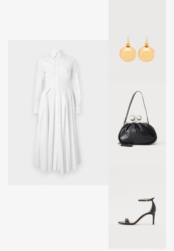 Vestido de camisa blanco de algodón con mangas largas, frente de botones, falda plisada y cintura ajustada. Presenta un diseño estructurado y una textura suave.; Sándalo de tacón alto de piel negra con tiras en el tobillo. Presenta una textura suave, puntera abierta y un tacón delgado. Detalles de hebilla en tono dorado.; Bolso de mano de cuero negro con diseño fruncido, una sola correa, marco metálico plateado y dos cierres grandes redondos de plata.; Par de pendientes de bola navideña dorados brillantes con cierre de gancho sobre un fondo blanco liso.