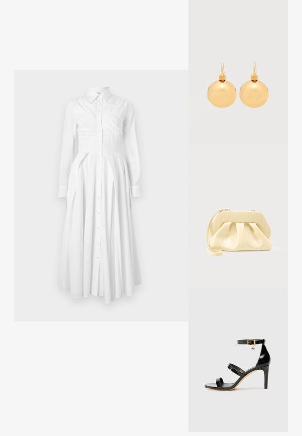Witte katoenen jurk met lange mouwen, knoopsluiting aan de voorkant, geplooide rok en een getailleerde taille. Heeft een gestructureerd ontwerp en een zachte textuur.; Zwarte gepatineerde leren sandaal met drie banden, enkelgesp en 10 cm hoge stiletto hak. Bevat gouden hardwaredetails en een logo charm.; Crème-kleurige leren clutch met een gestructureerd bovenframe en polsbandje, weergegeven tegen een effen lichte achtergrond.; Een paar glanzende gouden kerstbal-oorbellen met haaksluitingen op een effen witte achtergrond.