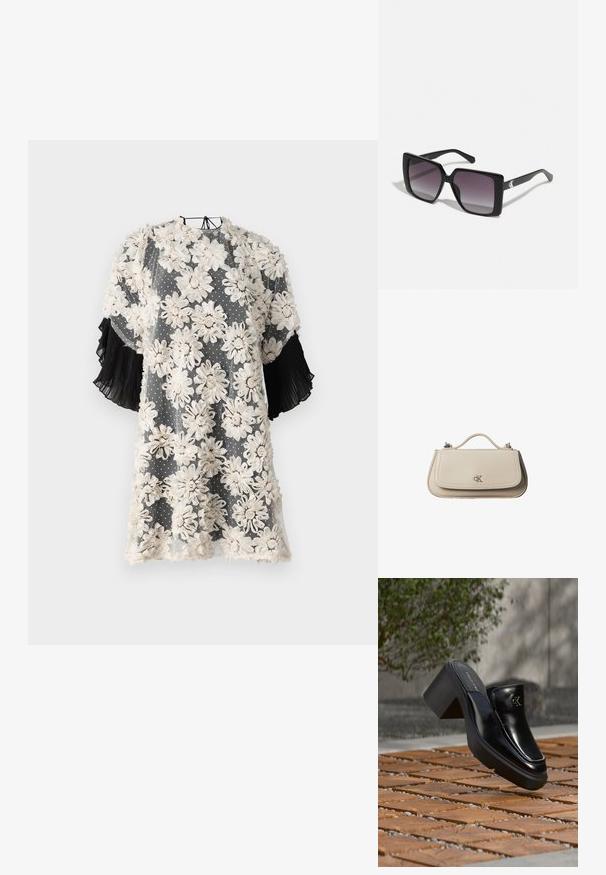 Blomster mønstret kjole lavet af gennemsigtigt stof med beige blomster på grå prikket baggrund; sorte plisserede korte ærmer tilføjer tekstur.; Sort læder Calvin Klein slip-on mule med blokhæl, der hviler på trætøj udendørs nær en grøn plante og en grå væg.; Sorte firkantede solbriller med gradient grå linser. Blank ramme med rene linjer. Sølvlogo-aksecent på stængerne.; Lille beige læderhåndtaske med top håndtag og sølv CK-logo på frontklap, vist mod en hvid baggrund.