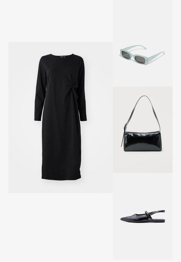 Mustassa pitkähieloisessa mekossa on pehmeä kangas, pyöreä pääntie ja solmukohta vyötäröllä. Suora siluetti, polvipituisuus.; Musta teräväkärkinen slingback-matalavartinen kenkä, jossa ohut hihna päällä ja kuvioitu nahkapinta.; Pari rektangulaarisia aurinkolaseja, joissa on vaaleansiniset läpinäkyvät kehykset ja tummanharmaat linssit. Aurinkolasit ovat suorat temppeleiltään ja niissä on minimaalinen varusteiden määrä.; Musta suorakaiteen muotoinen olkalaukku, jossa on säädettävä yksittäisolkaimen hihna ja yläreunassa vetoketjusuljin, yksivärisellä taustalla.