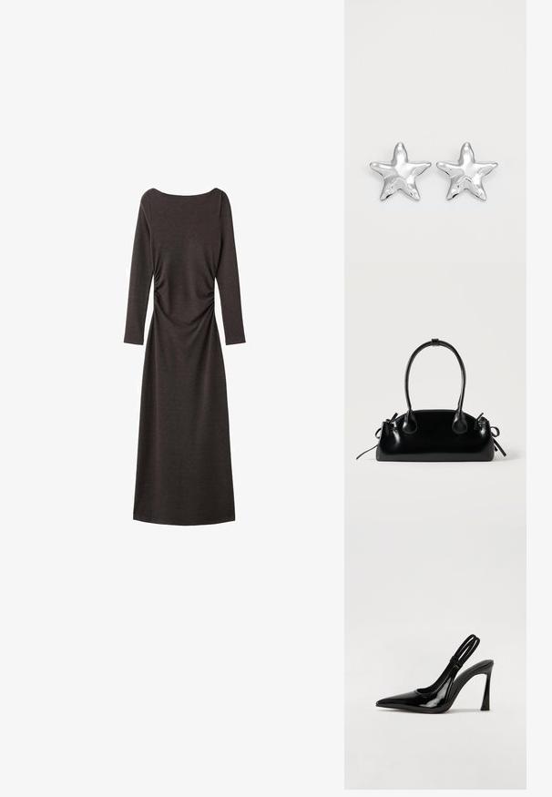 Robe à manches longues, brun foncé, avec un col rond et des détails froncés sur le côté, fabriquée en tissu doux et extensible.; Escarpin en cuir verni noir à talon aiguille, à bout pointu, avec une sangle élastique double pour un maintien sécurisé. Surface lisse et brillante.; Petit sac à main noir brillant avec deux longues anses et des détails à cordon sur les côtés sur un fond clair uni.; Boucles d'oreilles argentées en forme d'étoile, avec une surface lisse et brillante. Chaque boucle d'oreille possède cinq pointes et des détails subtils de texture de surface.