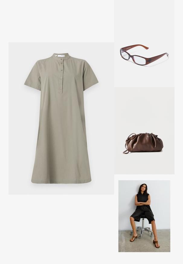Khaki Baumwollkleid mit kurzen Ärmeln, Stehkragen und Knopfleiste vorne; lockere Passform und knielange Silhouette.; Frau mit langem dunklem Haar sitzt auf einem schwarzen Bürostuhl und trägt ein schwarzes ärmelloses Oberteil, knielange schwarze Shorts und braune Sandalen mit Absatz.; Braun getönte rechteckige Brille mit glänzender Oberfläche, schlanken Bügeln und transparenten Gläsern. Logo auf dem linken Bügel sichtbar.; Weiche braune Lederbeuteltasche mit gerafftem oberen Teil und schmalem Riemen, auf weißem Hintergrund liegend.