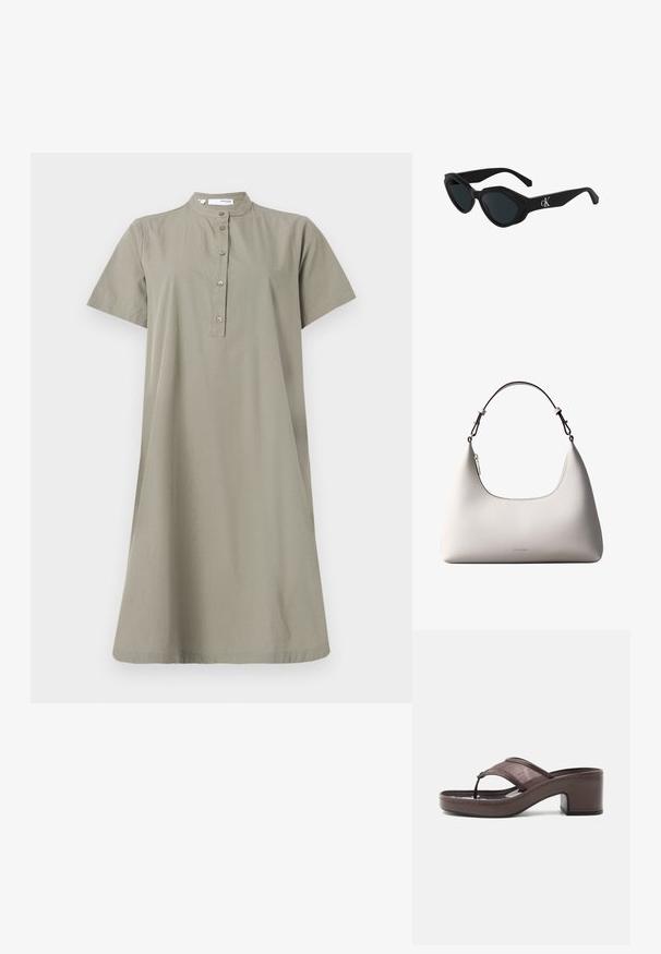 Khaki bomuldsdragt med korte ærmer, stående krave og knaplukning ned foran; løs pasform og knælængde silhuet.; Brun sandal med hæl med mesh-rem og tæst design, med blokhæl og syet sål, vist i profil mod hvid baggrund.; Sorte katteøje solbriller med en glat finish, mørke linser og et "cK"-logo på stangen. Vinklet design og tykke stel.; Cremefarvet skuldertaske i læder fra Calvin Klein med buet topkant, sølvfarvet lynlås og mørkebrun justerbar rem.