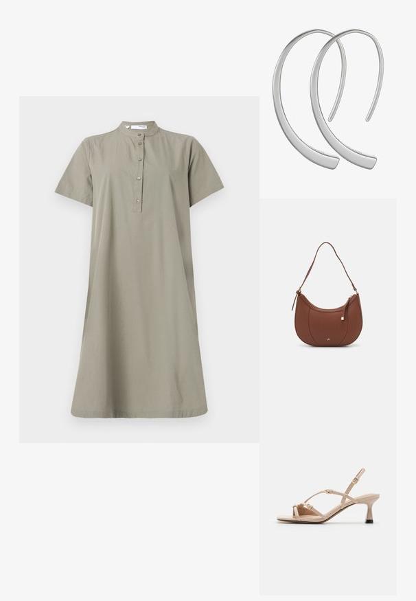 Khaki bomuldsdragt med korte ærmer, stående krave og knaplukning ned foran; løs pasform og knælængde silhuet.; Call it Spring DIANAH - Sandaler - other beige; Brun faux læder skuldertaske med buet form, minimal syning og en guldtonet hardwaredetalje. Har en top lynlåslukning og justerbar rem.; Sølvfarvede metal hoops øreringe med en glat, blank overflade og buet halvmåneform, der har et minimalistisk design uden synlige mønstre.