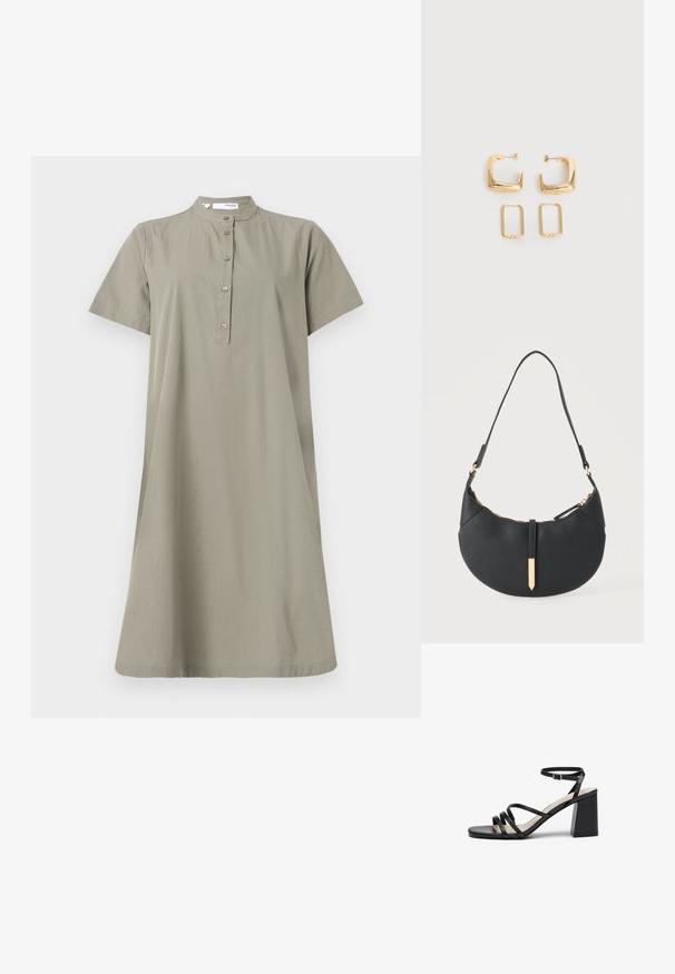 Khaki Baumwollkleid mit kurzen Ärmeln, Stehkragen und Knopfleiste vorne; lockere Passform und knielange Silhouette.; Schwarze Absatzsandalen mit mehreren dünnen Riemen, quadratischer Zehenpartie und Blockabsatz, ausgestattet mit einem verstellbaren Knöchelriemen. Glatte Lederstruktur.; Schwarze halbmondförmige Handtasche mit einem einzelnen Träger, goldenem Reißverschluss und einer goldenen rechteckigen dekorativen Lasche vorne.; Zwei Paare goldfarbener geometrischer Creolen auf einer schlichten weißen Oberfläche, ein Paar quadratisch und massiv, ein Paar rechteckig und hohl.
