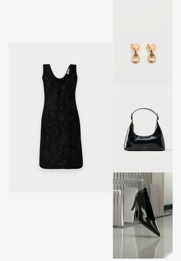 Robe noire sans manches avec un décolleté en V, présentant un motif floral texturé sur l'ensemble. Le design est structuré, avec une silhouette ajustée.; Chaussure noire à talon haut avec bout pointu et logo doré, posée sur une surface réfléchissante près d'un organiseur de dossiers en fil chromé contenant des documents.; Sac à main Calvin Klein noir brillant avec fermeture éclair dorée et anse courte sur fond blanc uni.; Paire de boucles d'oreilles créoles en bouclettes dorées brillantes sur fond blanc uni, présentant un design torsadé entrelacé.