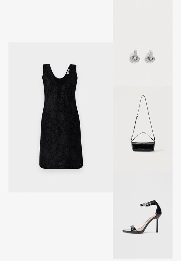 Robe noire sans manches avec un décolleté en V, présentant un motif floral texturé sur l'ensemble. Le design est structuré, avec une silhouette ajustée.; Sandale à talon haut en cuir verni noir avec bride à la cheville. Présente un design minimaliste, un bout ouvert et une boucle ornée de strass.; Sac bandoulière rectangulaire en cuir noir avec bandoulière ajustable, fermeture éclair sur le dessus et petit logo Calvin Klein doré sur le devant.; Paire de petites boucles d'oreilles créoles argentées brillantes avec une base ronde, présentées sur un fond clair uni.