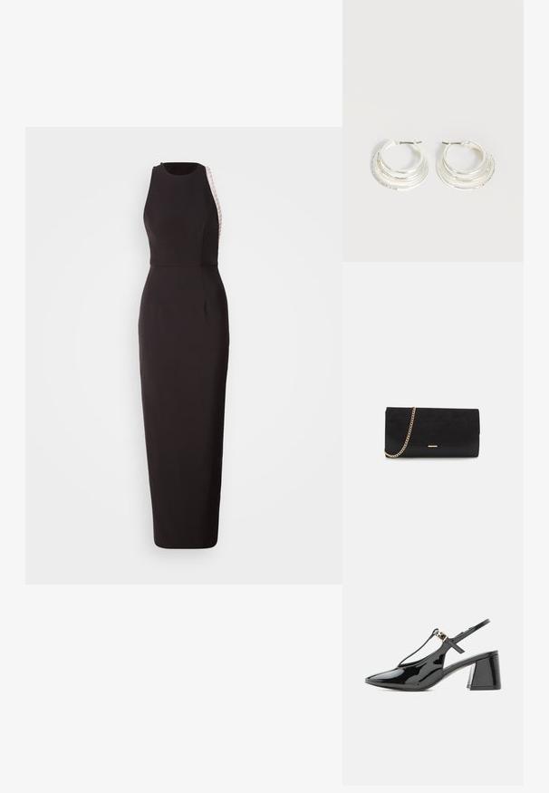Vestido negro sin mangas con una silueta ajustada, que presenta un panel lateral texturizado y un escote sutil en forma de curva. Hecho de una tela suave.; Zapato slingback de charol negro con tacón bajo, punta puntiaguda y tira en T con una pequeña hebilla dorada.; Bolso de mano negro hecho de ante con un acabado texturizado, que presenta una cadena dorada y un diseño elegante y angular.; Pendientes de aro de plata con tres bandas semicirculares superpuestas, una adornada con pequeños cristales transparentes sobre un fondo claro.
