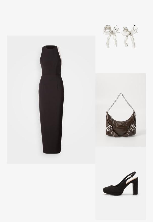 Vestido negro sin mangas con una silueta ajustada, que presenta un panel lateral texturizado y un escote sutil en forma de curva. Hecho de una tela suave.; Anna Field Zapatos de plataforma - black; Bolso de mano de cuero patentado marrón oscuro con cadena plateada, cinturones decorativos de doble hebilla y cierre de cremallera.; Pendientes plateados en forma de arco con un acabado pulido. Incluyen una superficie texturizada y un diseño curvado, con un cierre de palanca.