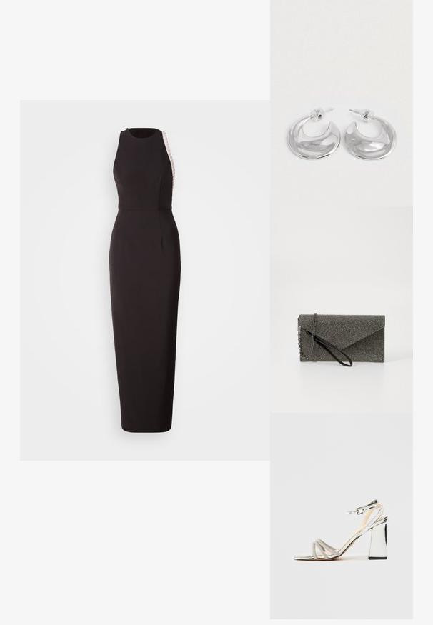 Vestido negro sin mangas con una silueta ajustada, que presenta un panel lateral texturizado y un escote sutil en forma de curva. Hecho de una tela suave.; Sándali de tacón alto plateados con tacón ancho, tres tiras de rhinestones sobre los dedos y una correa ajustable para el tobillo con hebilla.; Cartera de mano metálica gris con patrón de malla texturizada, diseño de sobre, cadena como correa y una correa de muñeca delgada y elegante.; Un par de pendientes de aro en forma de media luna pulidos en plata, con respaldos de plástico transparente, sobre una superficie blanca.