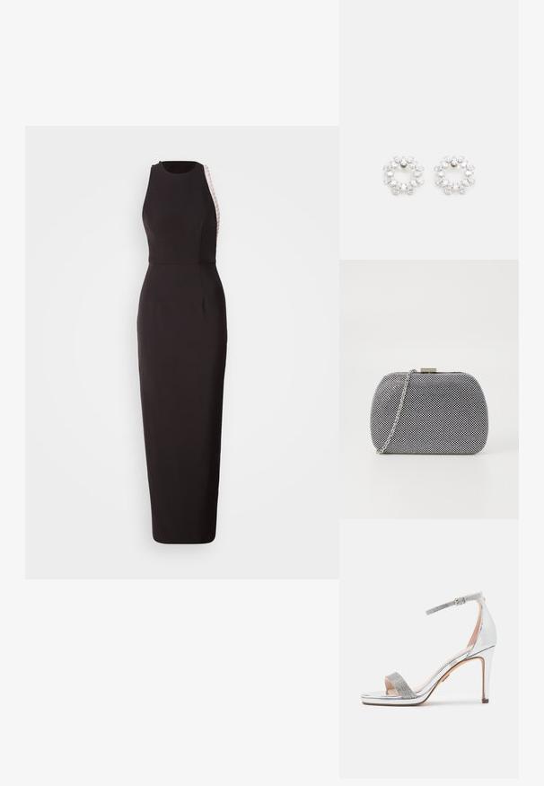Robe sans manches noire avec une silhouette ajustée, dotée d'un panneau latéral texturé et d'un col rond subtil. Fabriquée en tissu lisse.; Sandale à talons hauts en argent avec un dessus en vernis brillant, une sangle en strass texturée, une sangle de cheville ajustable et un design à bout ouvert carré.; Pochette texturée noir et blanc de forme arrondie, avec une chaîne en métal argenté et un fermoir en métal en haut.; Boucles d'oreilles circulaires en métal, ornées de plusieurs pierres transparentes et facettées disposées dans un motif étincelant. Incolores et réfléchissantes.
