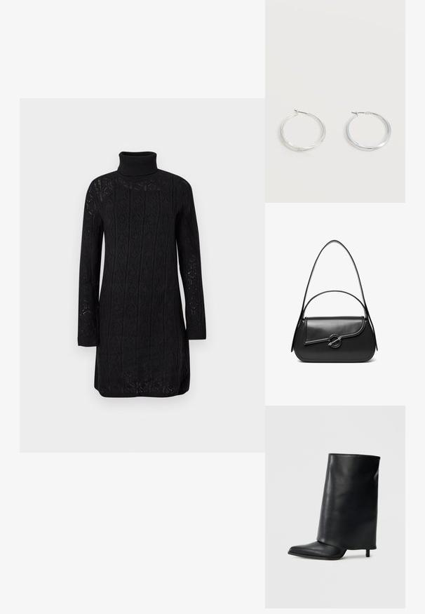 Robe noire en tricot à manches longues avec col roulé, texture à motif et poignets côtelés, présentée sur un fond clair uni.; Bottine en cuir noir avec un design structuré à rabat, bout pointu et talon fin. Texture lisse avec un minimum de détails.; Sac à bandoulière en cuir noir avec un rabat incurvé fermé par un fermoir métallique rond et une sangle fine et ajustable.; Boucles d’oreilles créoles en métal argenté avec une surface lisse légèrement incurvée et des fermoirs à clapet sur un fond blanc uni.