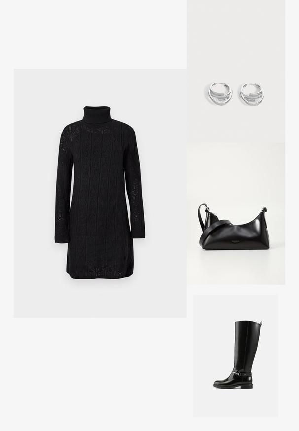 Robe noire en tricot à manches longues avec col roulé, texture à motif et poignets côtelés, présentée sur un fond clair uni.; Bottes noires montantes en cuir verni, avec un détail de boucle argentée à la cheville et une conception à bout arrondi. Semelle plate.; Sac à main en cuir noir avec une texture lisse. Dispose d'une bandoulière adjustable et d'un design élégant et minimaliste avec une fermeture éclair.; Paire de boucles d'oreilles anneaux en argent poli avec un design de barre incurvée superposée sur un fond clair uni.